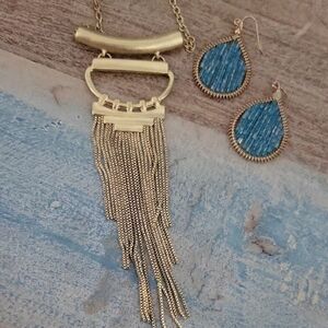 Gold tone statemrnt Fringe Necklace and Blue beaded pierced Earrings